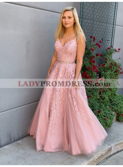A Line Two Pieces Tulle Lace Appliques Dusty Rose Long Prom Dresses 2023