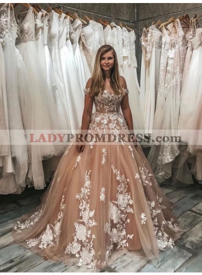 2023 Sweetheart Tulle With Lace Appliques Long Lace Up Off Shoulder Ball Gown Prom Dresses