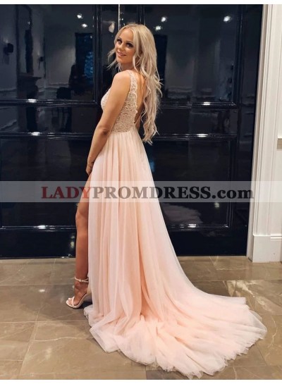 A Line Tulle Lace Side Slit 2023 Pale Pink Long Prom Dresses