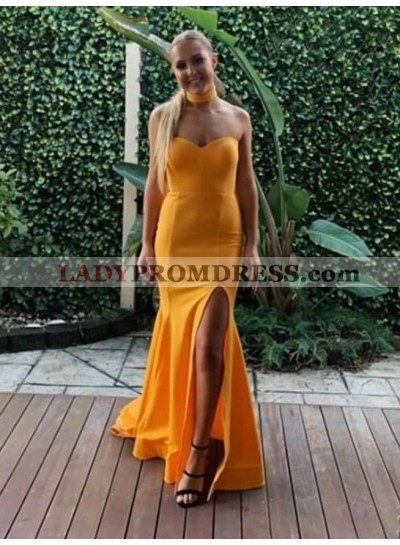 Sweetheart Gold Sheath Side Slit 2023 Long Prom Dresses