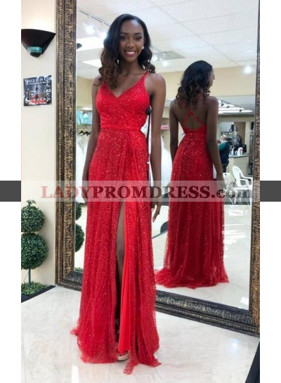 2023 A Line Red V Neck Sequence Criss Cross Back Long Prom Dresses