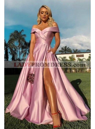 A Line Off Shoulder Side Slit Sweetheart Long Pink Prom Dresses 2023