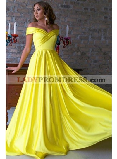 A Line Light Yellow Off Shoulder Sweetheart Ruch Long Prom Dresses 2023