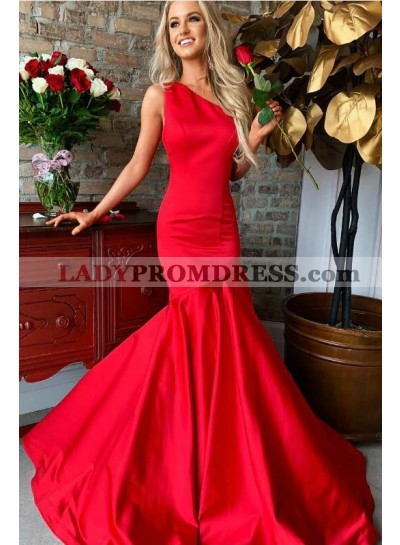 Mermaid Satin Red One Shoulder Long 2023 Prom Dresses