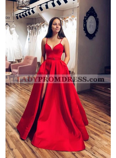 2023 A Line Red Satin Sweetheart Side Slit Belt Long Prom Dresses