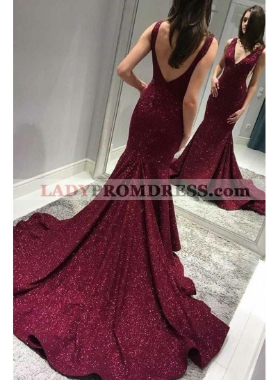 2023 Burgundy Long Mermaid V Neck Sequence Open Back Prom Dresses