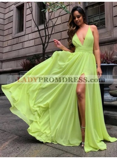 2023 A Line Chiffon Deep V Neck Side Slit Lime Green Long Prom Dresses