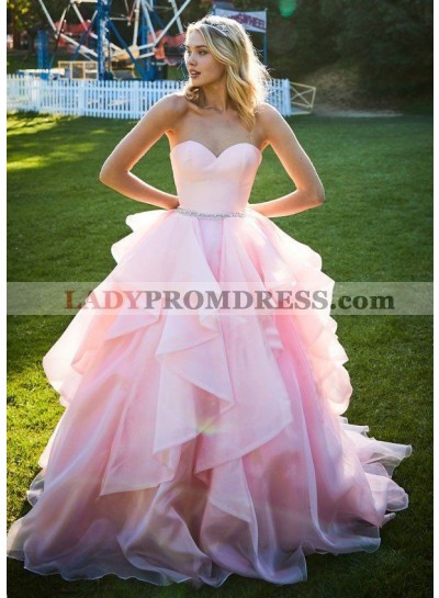  Sweetheart 2023 Organza Pink Ball Gown Beaded Sash Prom Dresses