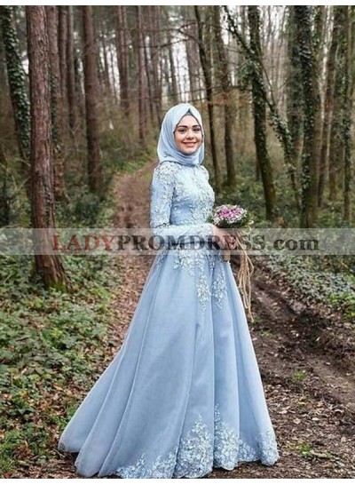 A Line Satin Long Sleeves Muslin Tulle Lace Appliques Prom Dresses 