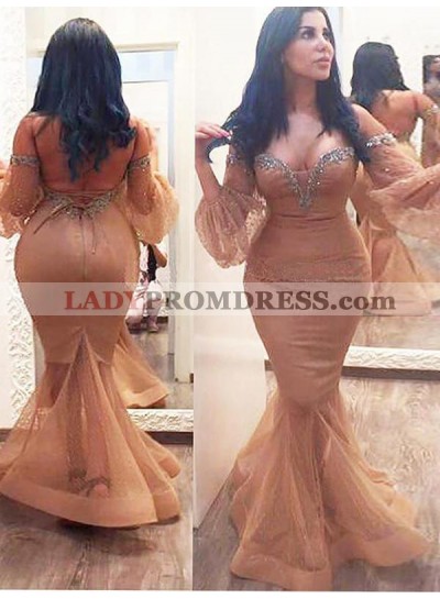 Mermaid Off Shoulder Sweetheart Tulle Lace Up Champagne Prom Dresses 2020