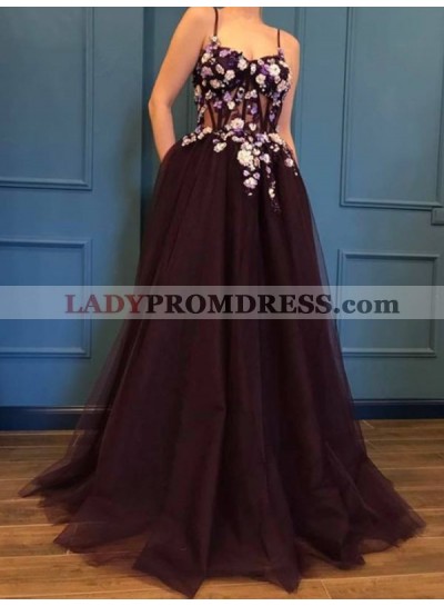 2023 A Line Sweetheart Purple Tulle Spaghetti Straps Prom Dresses