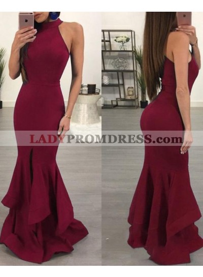 2023 Burgundy High Neck Mermaid Ruffles Long Prom Dresses