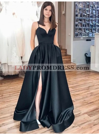 A Line Sweetheart Side Slit Spaghetti Straps Black Satin Prom Dresses 2023