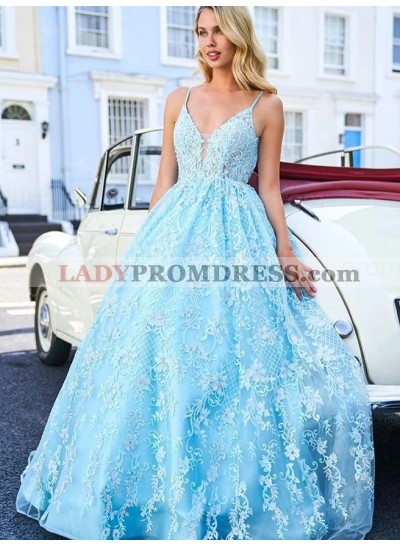 A Line Tulle Sweetheart Blue Lace V Neck 2023 Prom Dresses
