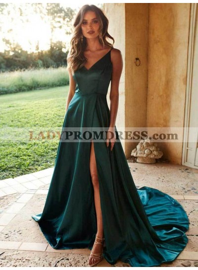 A Line Hunter Silk Like Satin V Neck Side Slit Long Prom Dresses 2023