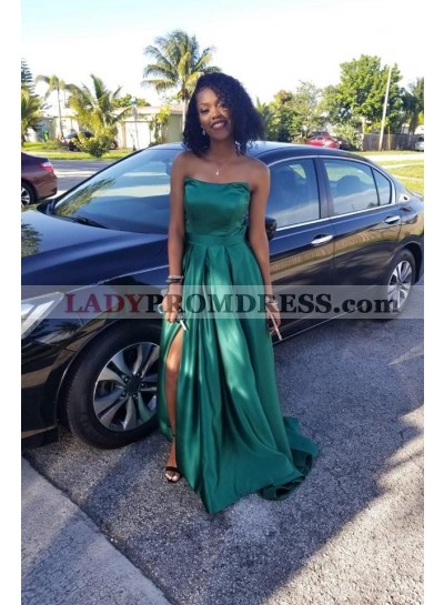 A Line Strapless Emerald Side Slit Long Prom Dresses 2023