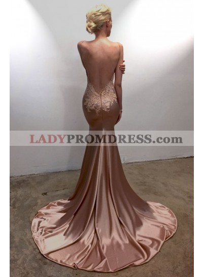 2023 Sheath Dusty Rose Backless Sweetheart Lace Spaghetti Straps Long Prom Dresses