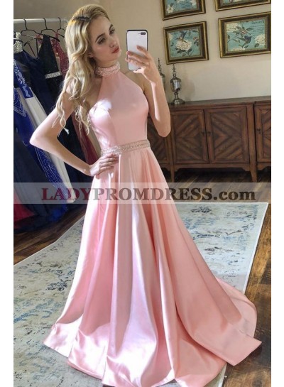 A Line Satin Pink High Neck Backless Beaded Prom Dresses 2023