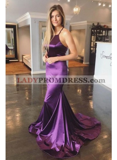 2023 Purple Sheath Halter Lace Up Silk Like Satin Long Prom Dresses