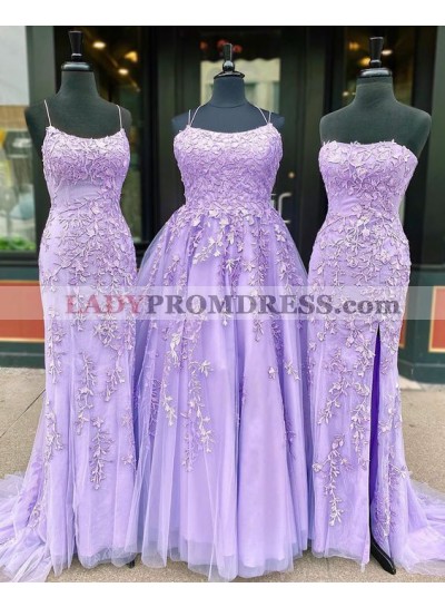 2023 Sheath Lilac Tulle With Lace Patterns Side Slit Long Prom Dresses