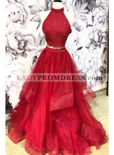 A Line Tulle Two Pieces High Neck Long Red Prom Dresses 2023