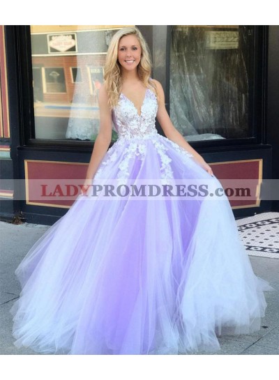 A Line White Over Lilac Sweetheart Tulle Lace Prom Dresses 2023 