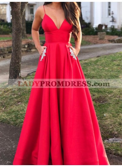 A Line Red Sweetheart Spaghetti Straps Beaded Pockets Long Prom Dresses 2023
