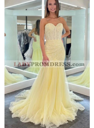 Sweetheart Strapless Lace Tulle Light Yellow Lined Sweep Train Prom Dresses 2023