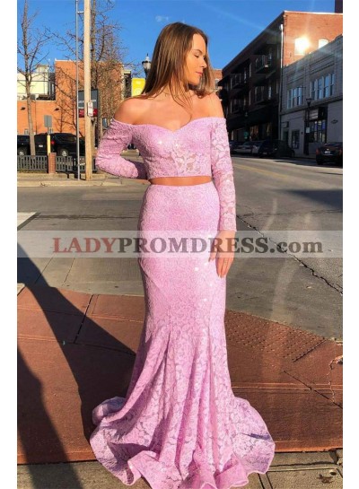 Pink Off Shoulder Lace Two Pieces Sheath Long Sleeves Prom Dresses 2023