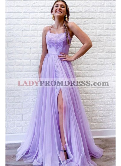 A Line Tulle Lilac Halter Side Criss Cross Back Lace  Slit Prom Dresses 2023
