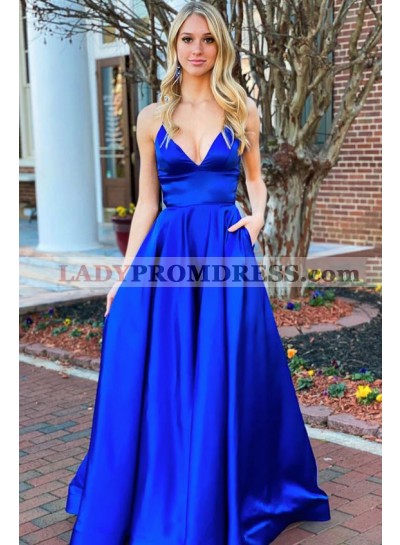 Satin A Line Royal Blue Sweetheart Spaghetti Straps Long 2023 Prom Dresses
