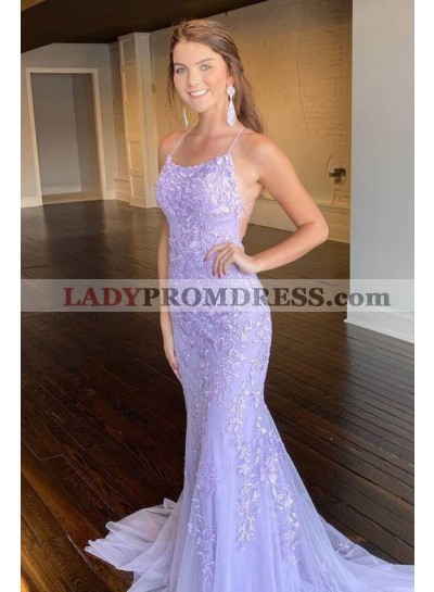 Sheath Lilac Tulle Over Lace Patterns Halter Criss Cross Long Prom Dresses 2023