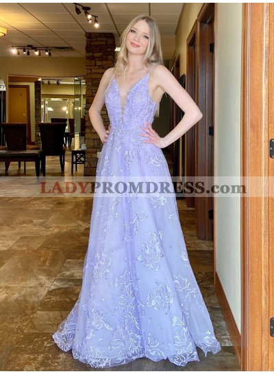 A Line Lace Patterns Lilac V Neck Long 2023 Prom Dresses