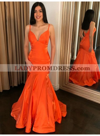 2023 Mermaid Orange Sweetheart Satin Long Prom Dresses