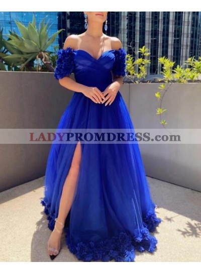 A Line Sweetheart Off Shoulder Royal Blue Side Slit Prom Dresses 2023