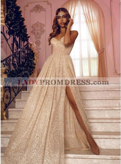 A Line Sweetheart Side Slit Sequence Long Prom Dresses 2023