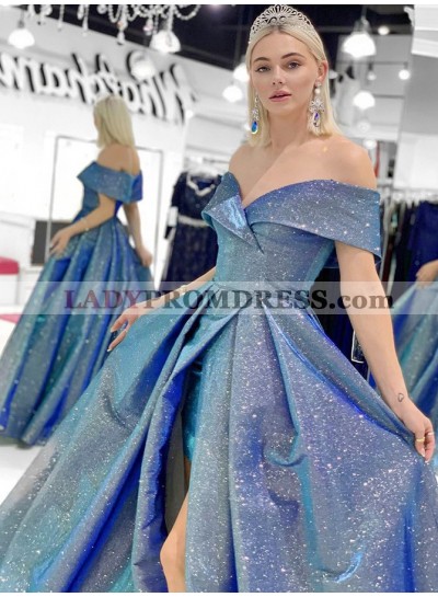 A Line Off Shoulder Blue Sequence Side Slit Long Prom Dresses 2023