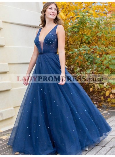 A Line Tulle Beaded V Neck Dark Navy Prom Dresses 2023