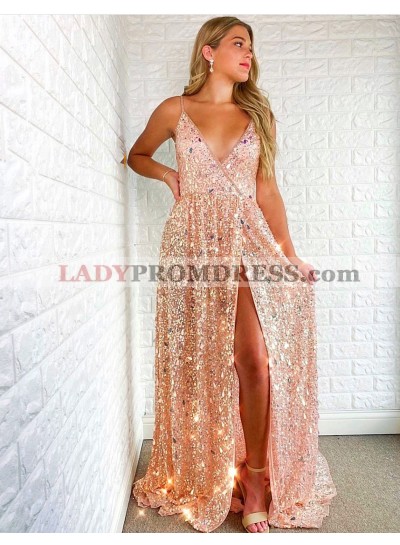 A Line Sequence Pink V Neck Side Slit Long 2023 Prom Dresses