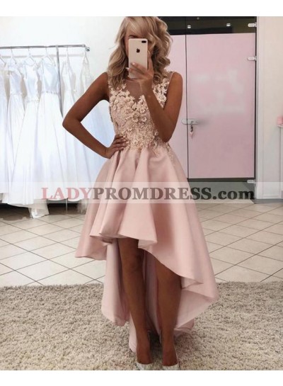 2023 A Line Satin Pearl Pink High Low Lace Short Prom Dres