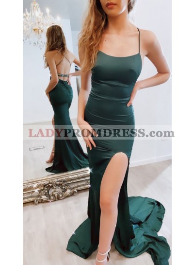 2023 Hunter Green Sheath Halter Criss Cross Side Slit Prom Dresses
