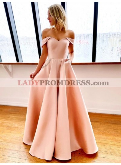 A Line Satin Off Shoulder Sweetheart Pink Floor Length Prom Dresses With Pockets 2023