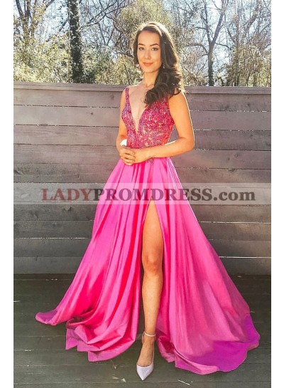 A Line Fuchsia V Neck Silk Like Satin Lace And Beaded 2023 Prom Dresses