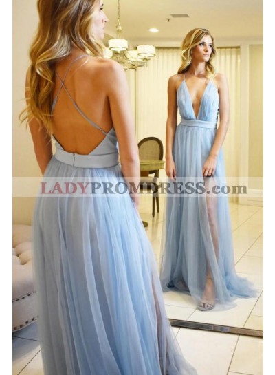 A Line V Neck Light Sky Blue Tulle Side Slit Backless Prom Dresses 2023