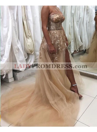 2023 A Line Sweetheart Champagne High Low Tulle With Lace Appliques Prom Dresses