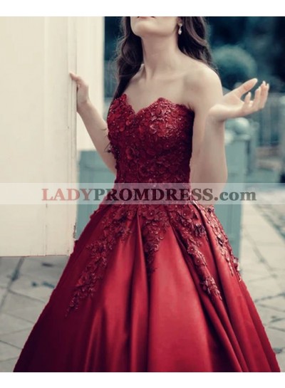 2023 A Line Satin Burgundy Lace Appliques Long Strapless Prom Dresses