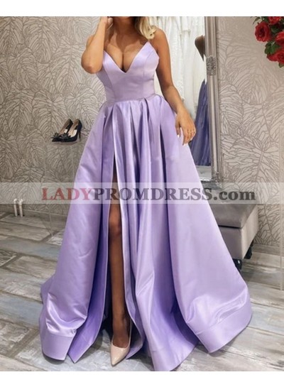 A Line Satin Lavender Side Slit 2023 Long Prom Dresses