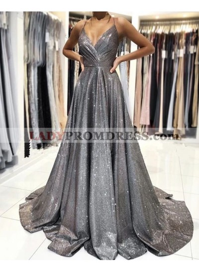 A Line Gray Sequence Halter Sweetheart Long Prom Dresses 2023