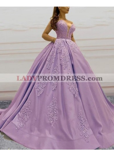 Satin With Lace Patterns Sweetheart Ball Gown Lilac 2023 Prom Dresses