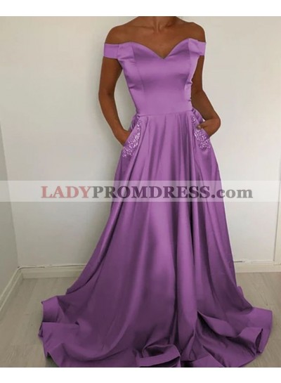 2023 A Line Satin Lilac Off Shoulder Sweetheart Long Beaded Pockets Prom Dresses